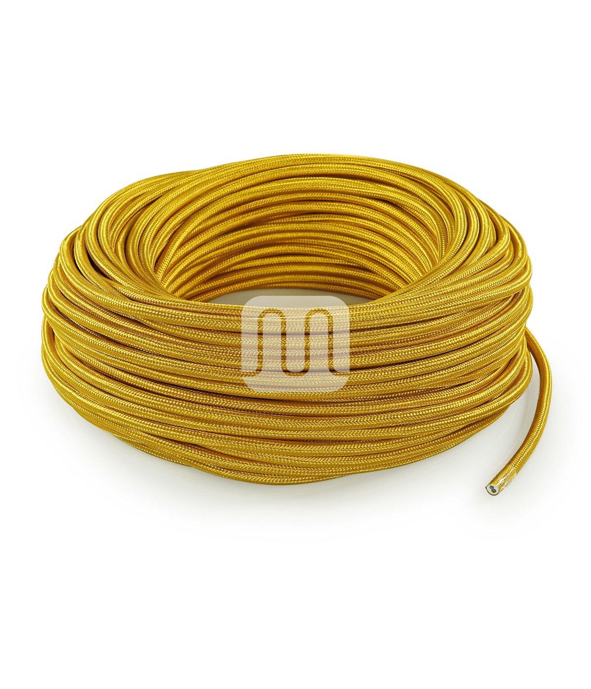Câble électrique flexible rond gainé de tissu coloré or.